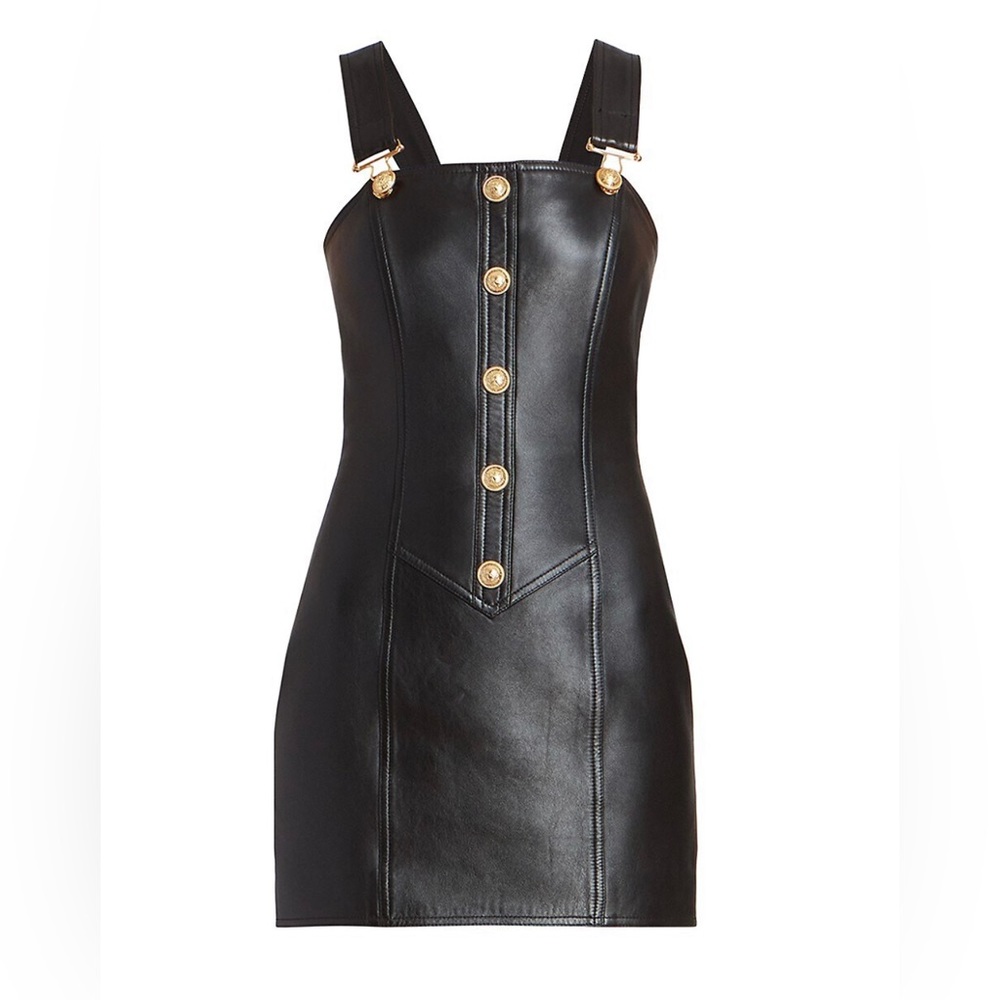 💜BALMAIN Button-Embellished Leather Dress